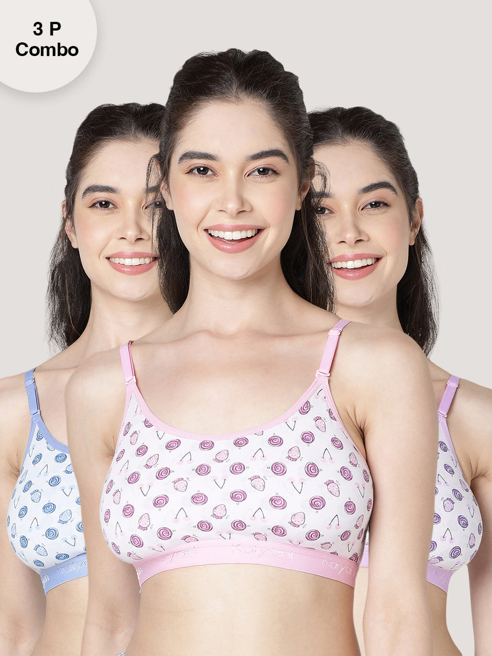 KB710002 Full Coverage Printed Beginner Bra/Yoga Bra | Pack of 3-ASSORTED