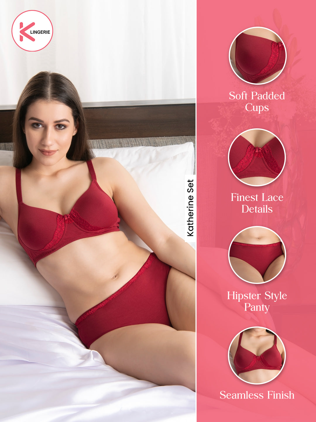 Katherine Lace Detailing Bridal Lingerie Set-MAROON