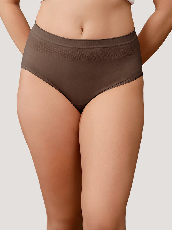 Kavya Women’s High Rise Full Coverage Knitted Hipster Panty with No-Roll Broad Inner Elastic Waistband Pack of 2| BROWN BROWN