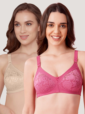Clare Women's Full Support Non Padded Delicate Lace Bra | Pack of 2-L.Nude D.Blush