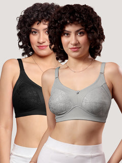 Kalyani Sandy Women’s Full Coverage Non-Padded Lace Bra with M Frame Front Panel Pack of 2 | L.GREY BLACK