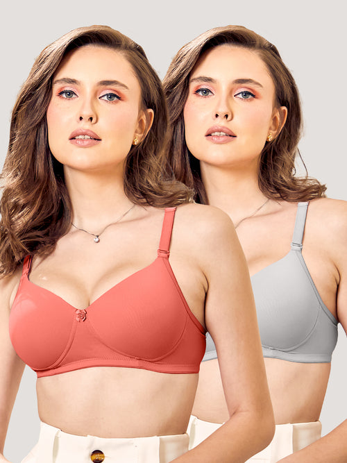 Sheley Women's Wirefree Soft Padded Cups Detachable Straps Bra Pack of 2-L.GREY CORAL
