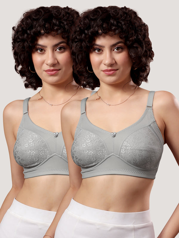 Kalyani Sandy Women’s Full Coverage Non-Padded Lace Bra with M Frame Front Panel Pack of 2 | L.GREY L.GREY