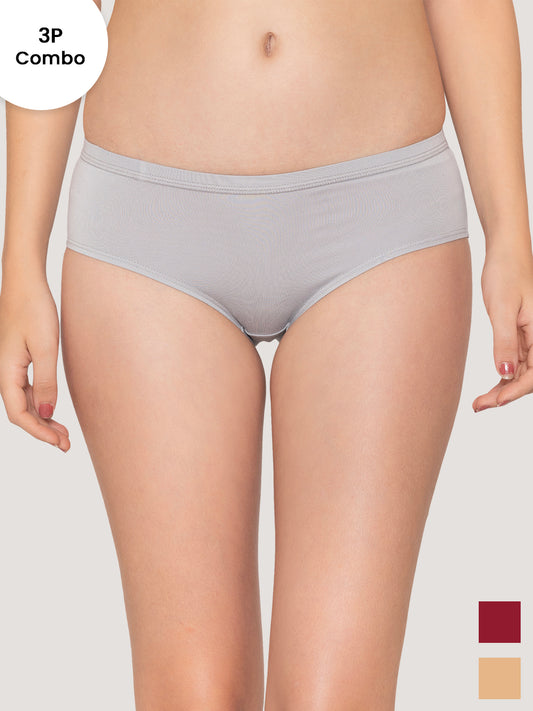 Oliver Mid Waist Hipster Panties | Pack of 3-L.GREY MAROON NUDE