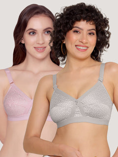Kalyani Maxine Cross Over Front Full Coverage Cotton Minimizer Bra Pack of 2-L.GREY PINK