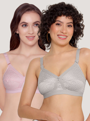 Kalyani Maxine Cross Over Front Full Coverage Cotton Minimizer Bra Pack of 2-L.GREY PINK