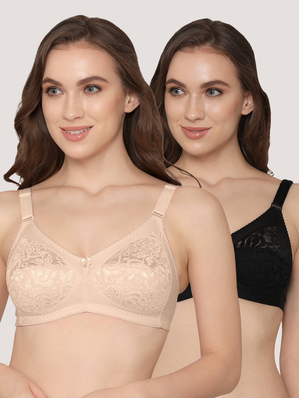Clare Women's Full Support Non Padded Delicate Lace Bra | Pack of 2-L.Nude Black