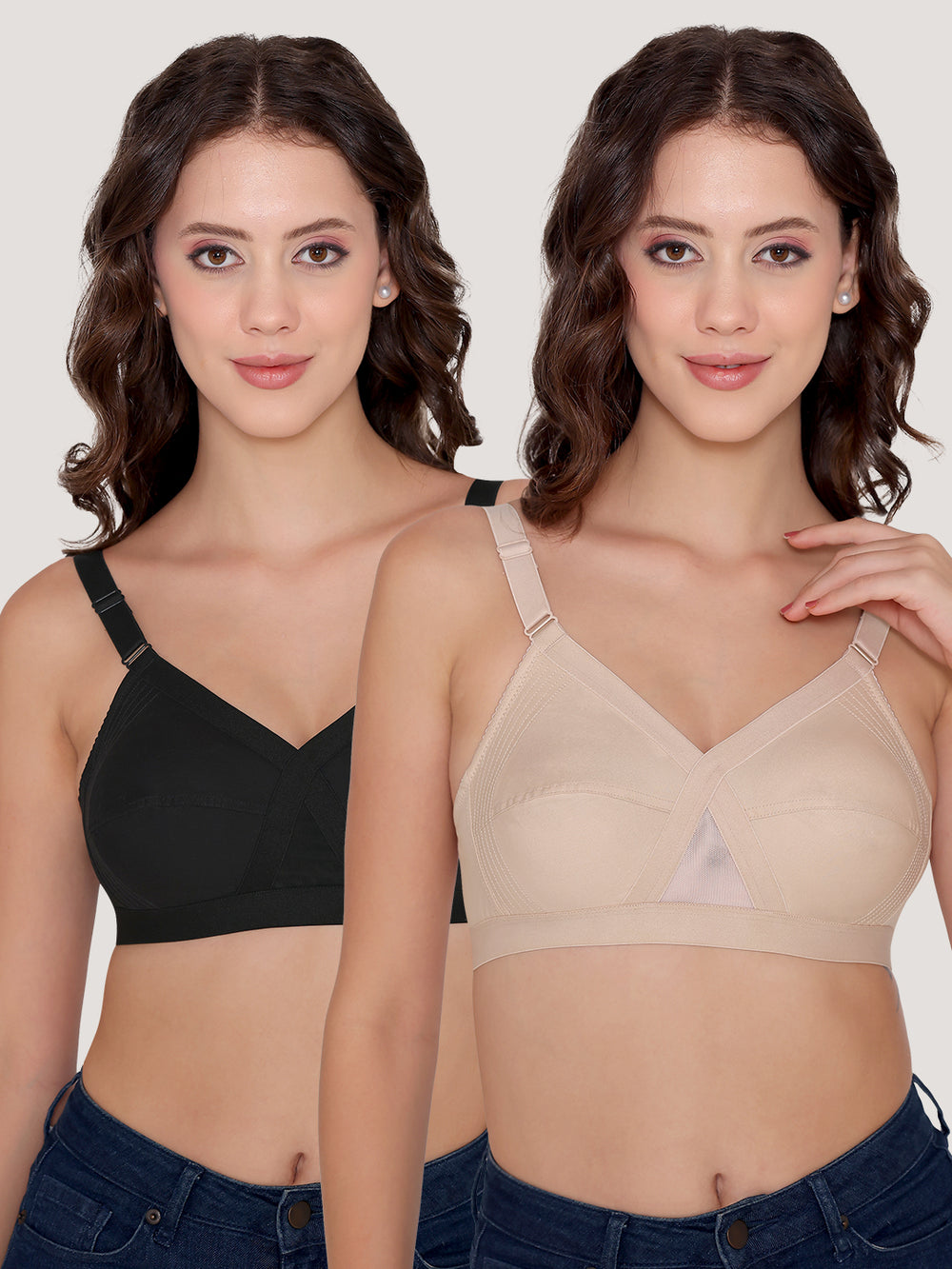 Kalyani Vega Ultimate Support Cross-Front Full Coverage Rich Cotton Bra with Side-Elastic Lift (C-F Cups) | Pack of 2 |L.NUDE BLACK
