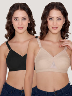 Kalyani Vega Ultimate Support Cross-Front Full Coverage Rich Cotton Bra with Side-Elastic Lift (C-F Cups) | Pack of 2 |L.NUDE BLACK