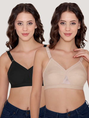 Kalyani Vega Ultimate Support Cross-Front Full Coverage Rich Cotton Bra with Side-Elastic Lift (C-F Cups) | Pack of 2 |L.NUDE BLACK