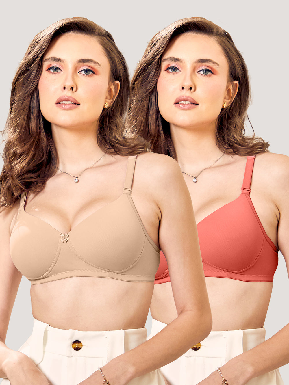 Sheley Women's Wirefree Soft Padded Cups Detachable Straps Bra-L.NUDE CORAL