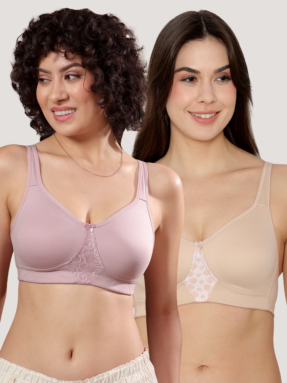 K LINGERIE Chase Double Layered Cups Center Lace Full Coverage Seamless Bra-L.NUDE CREPE