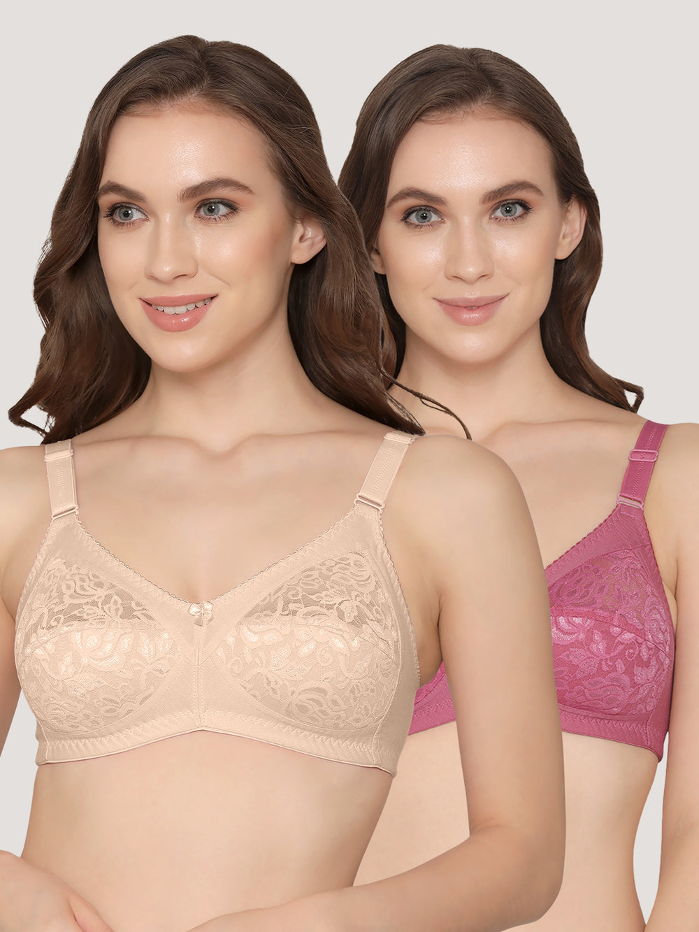 Clare Women's Full Support Non Padded Delicate Lace Bra | Pack of 2-L.Nude D.Blush