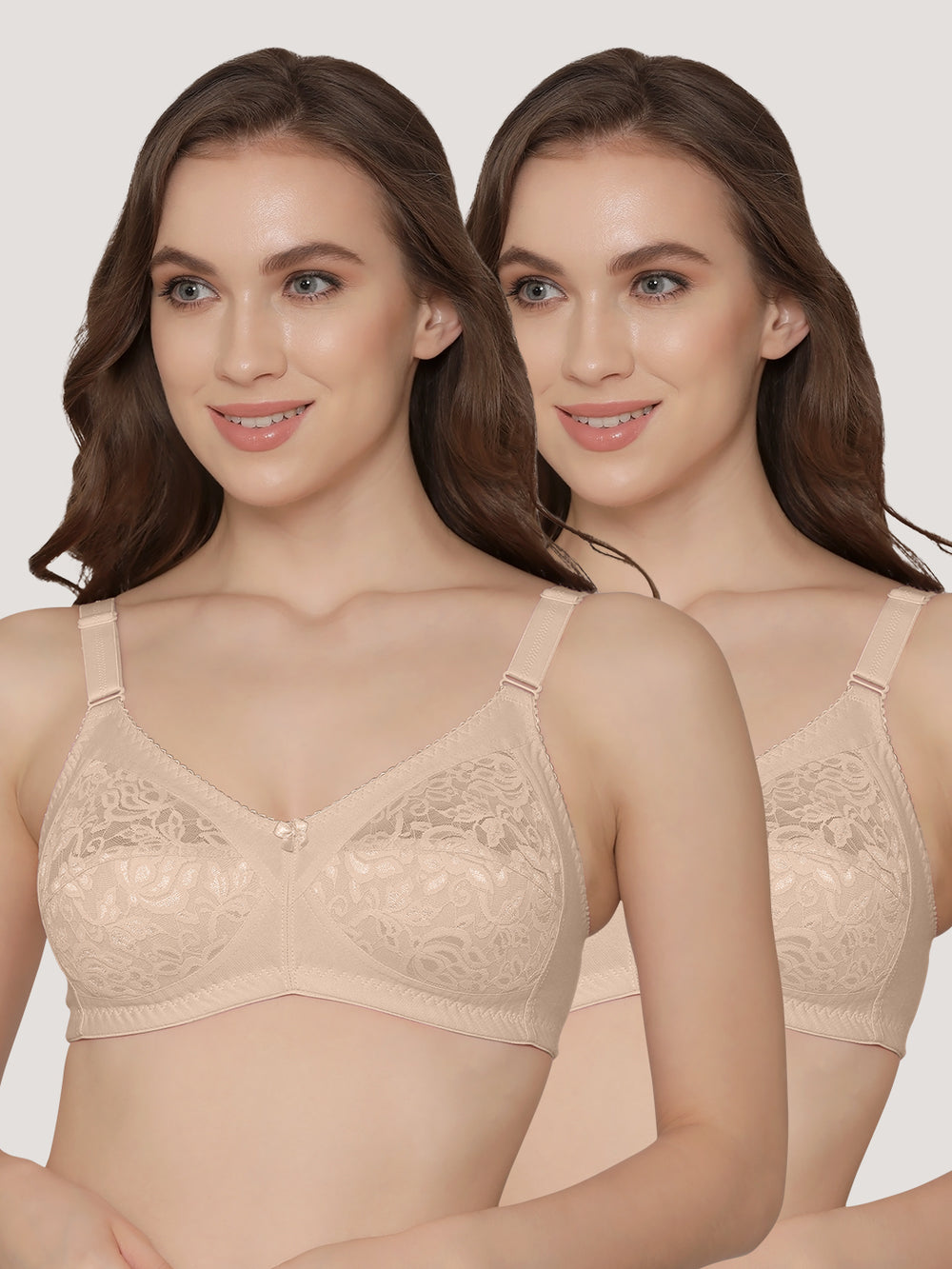 Clare Women's Full Support Non Padded Delicate Lace Bra | Pack of 2-L.Nude L.Nude