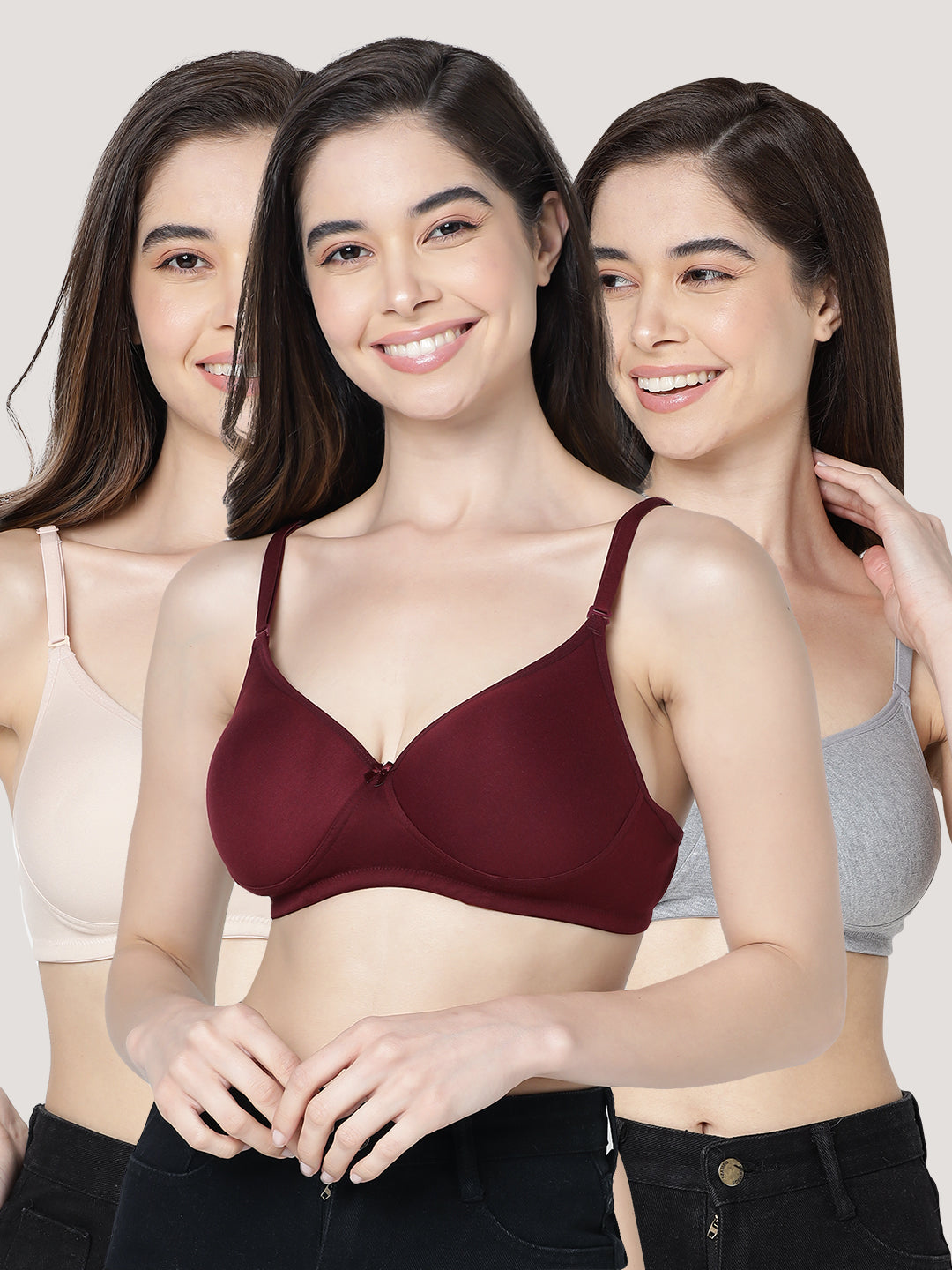 Emily Lightly Padded Multiway Everyday Bra | Pack of 3-L.NUDE P.MAROON M.GREY