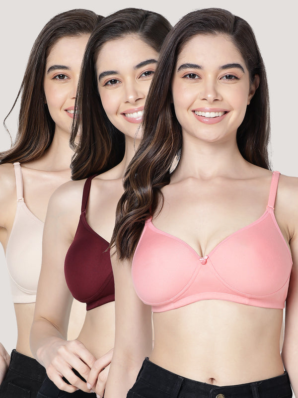 Emily Lightly Padded Multiway Everyday Bra | Pack of 3-L.NUDE P.MAROON ROSE