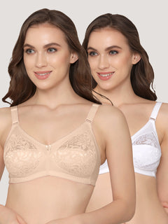 Clare Women's Full Support Non Padded Delicate Lace Bra | Pack of 2-L.Nude White