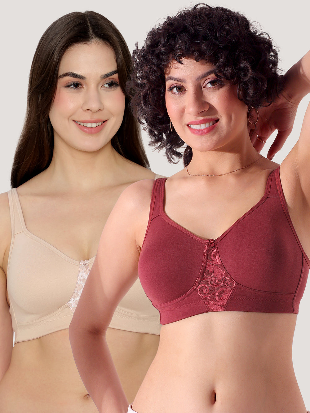 K LINGERIE Chase Double Layered Cups Center Lace Full Coverage Seamless Bra-L.NUDE WINE