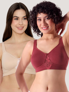 K LINGERIE Chase Double Layered Cups Center Lace Full Coverage Seamless Bra-L.NUDE WINE
