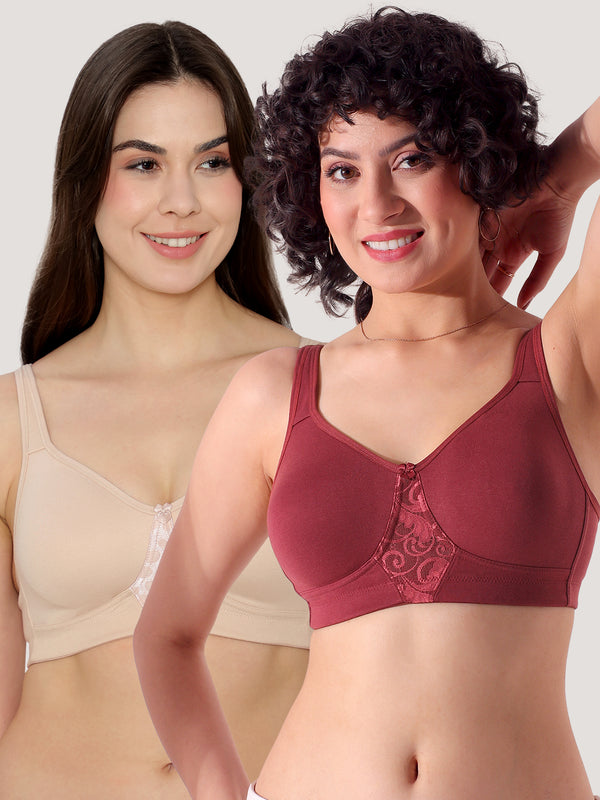 K LINGERIE Chase Double Layered Cups Center Lace Full Coverage Seamless Bra-L.NUDE WINE