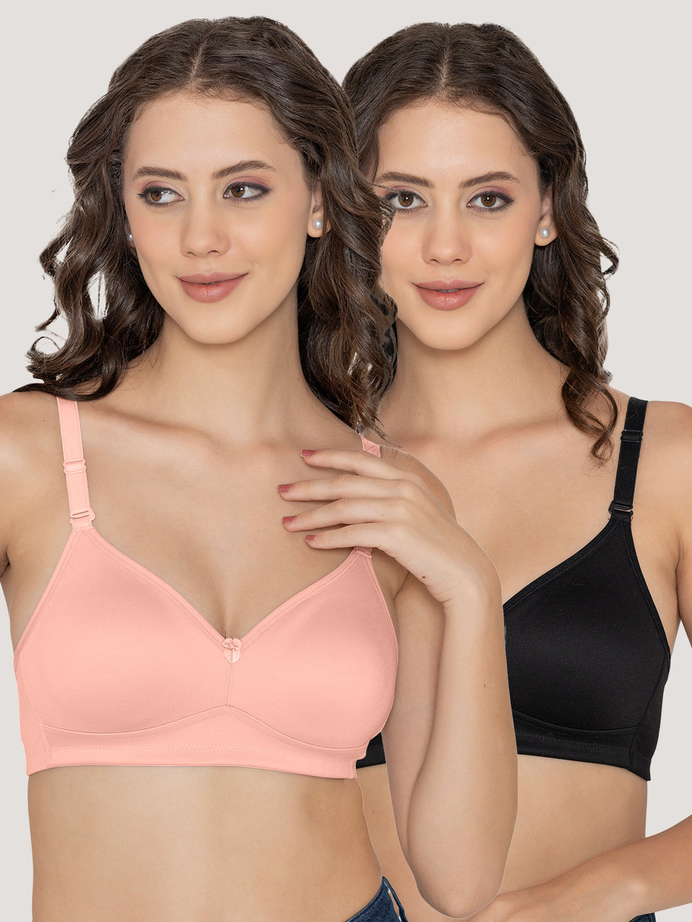 Kalyani Elvira Everyday Support Seamless Non Padded T-Shirt Bras | Pack of 2 | L.PEACH BLACK