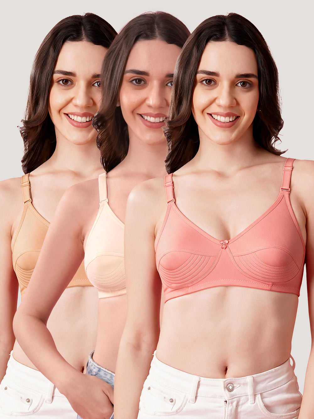 Pranika Non Padded Seamed Everyday Bra | Pack of 3 L.PEACH CAMEL ROSE