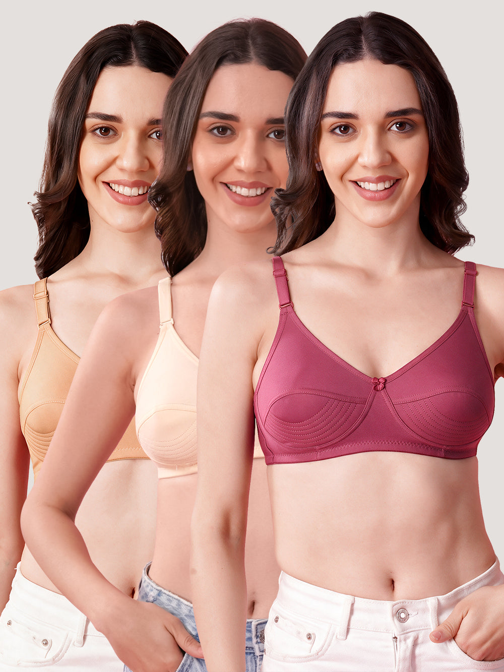 Pranika Non Padded Seamed Everyday Bra | Pack of 3 L.PEACH CAMEL ROSEBUD