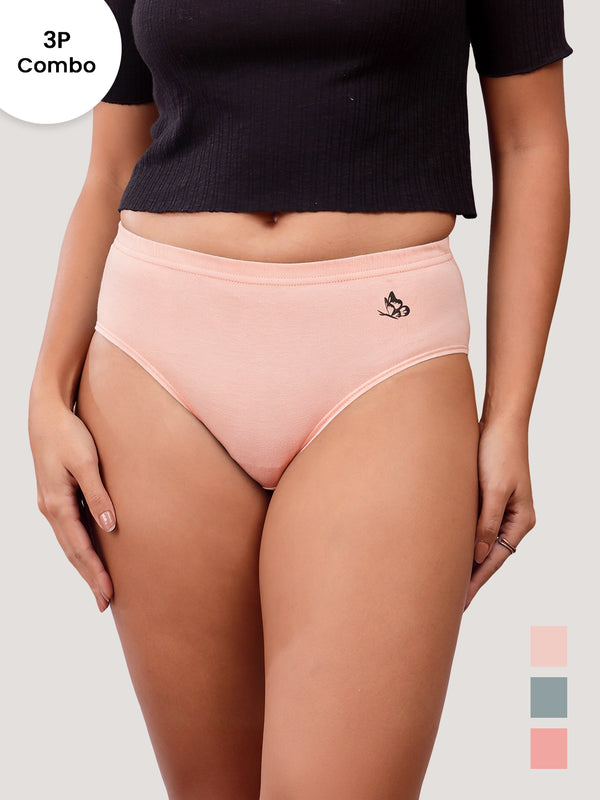 Eve 100% Cotton Mid-Waist Hipster Panties for Women | Pack of 3-L.PEACH OCEAN GREEN P.ROSE