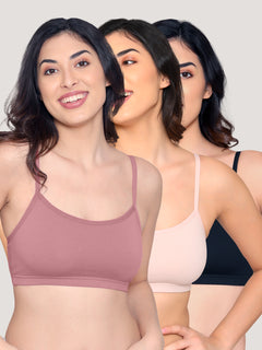 Mia Full Coverage Cotton Beginners Bra | Pack of 3-L.PEACH ONION BLACK