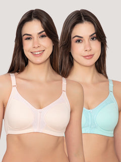 K Lingerie Leona Full Coverage Everyday Lace Bra | Pack of 2-L.PEACH SEA GREEN