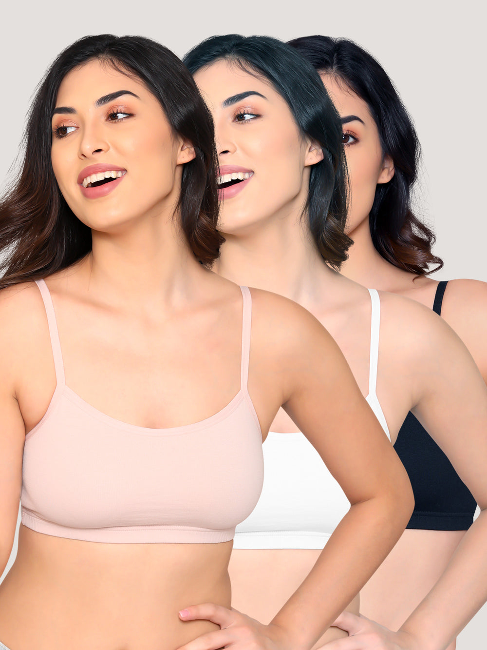 Mia Full Coverage Cotton Beginners Bra | Pack of 3-L.PEACH WHITE BLACK