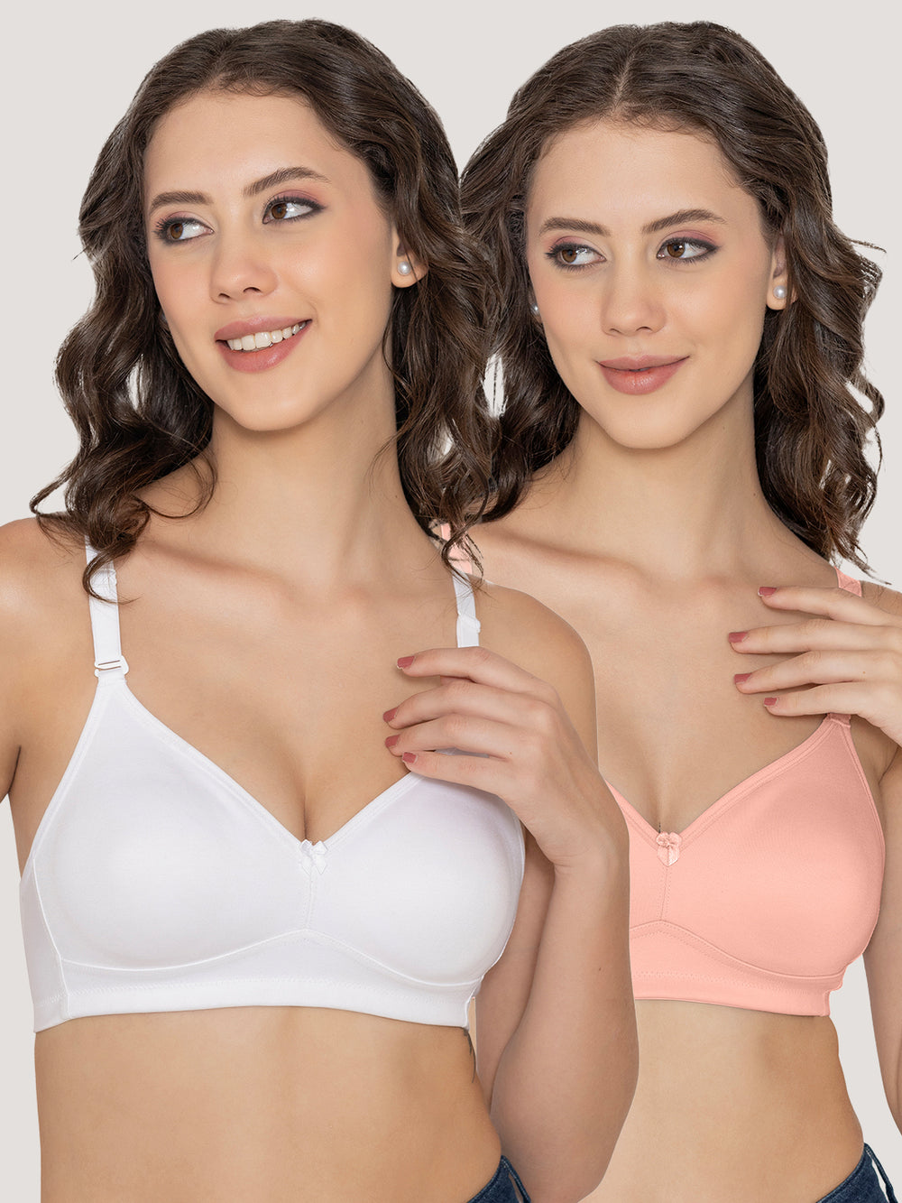Kalyani Elvira Everyday Support Seamless Non Padded T-Shirt Bras | Pack of 2 | L.PEACH WHITE