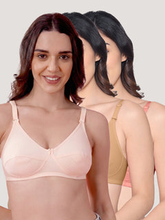 Pranika Non Padded Seamed Everyday Bra | Pack of 3 L.PEACH CAMEL ROSE