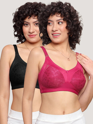 Kalyani Sandy Women’s Full Coverage Non-Padded Lace Bra with M Frame Front Panel Pack of 2 | L.WINE BLACK
