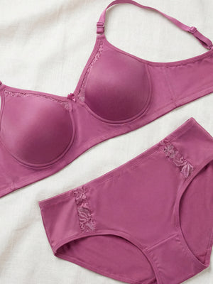 Kalyani Nyra Minimalistic Lace Medium Coverage Wirefree Support Padded Bra Panty Set | L.Wine
