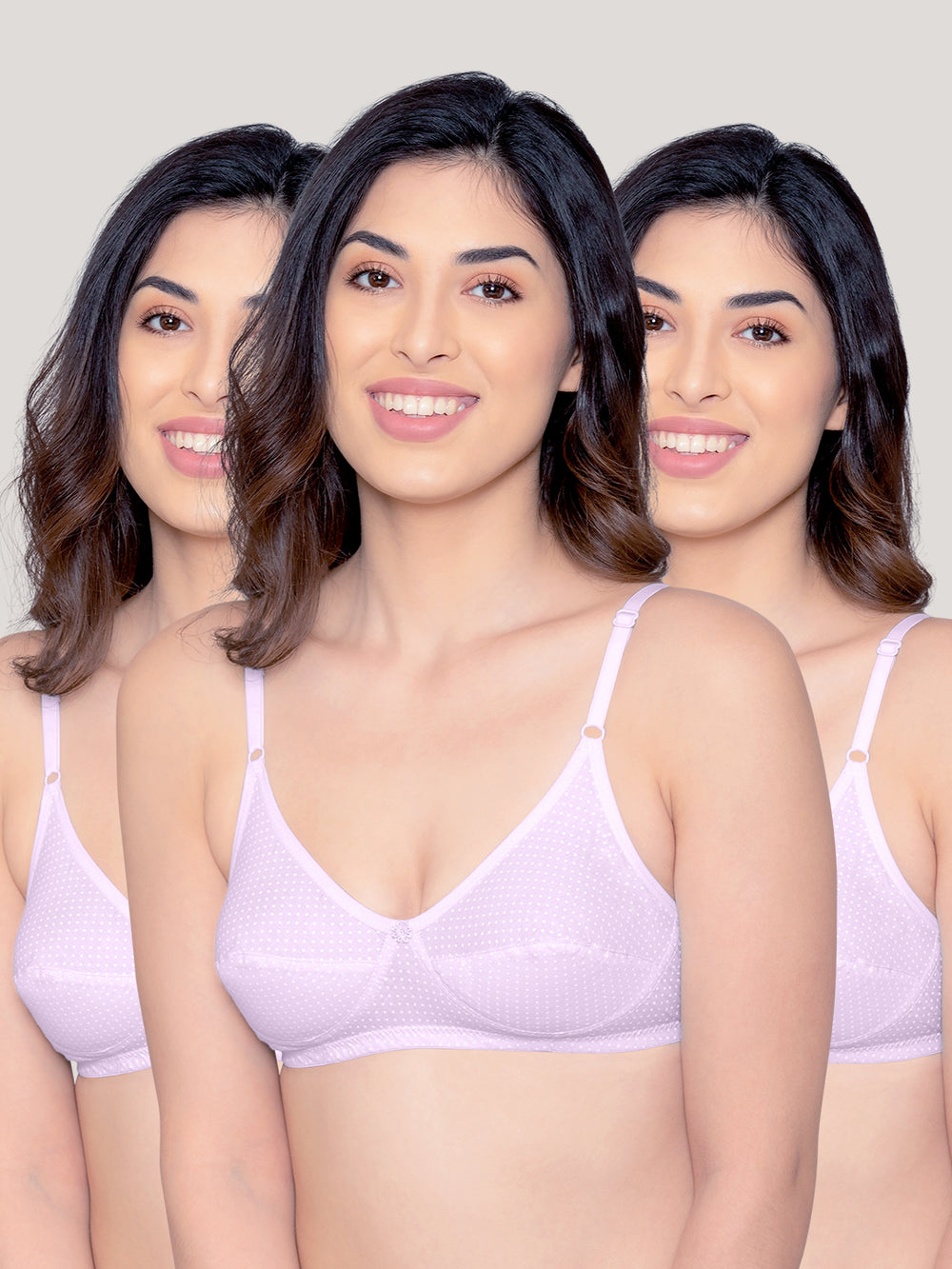 Elin Non Padded Dot Printed Cotton Everyday Bra | Pack of 3-LAVENDER LAVENDER LAVENDER