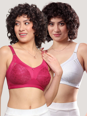 Kalyani Sandy Women’s Full Coverage Non-Padded Lace Bra with M Frame Front Panel Pack of 2 | L.WINE WHITE