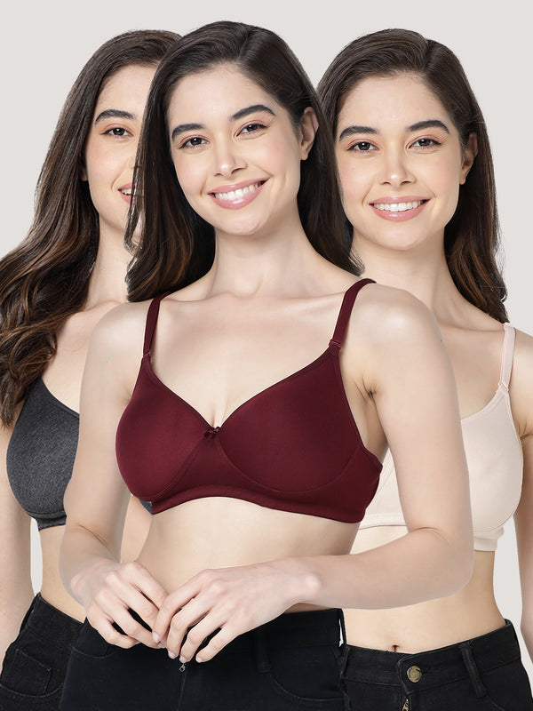 Emily Lightly Padded Multiway Everyday Bra | Pack of 3-M.BLACK P.MAROON L.NUDE