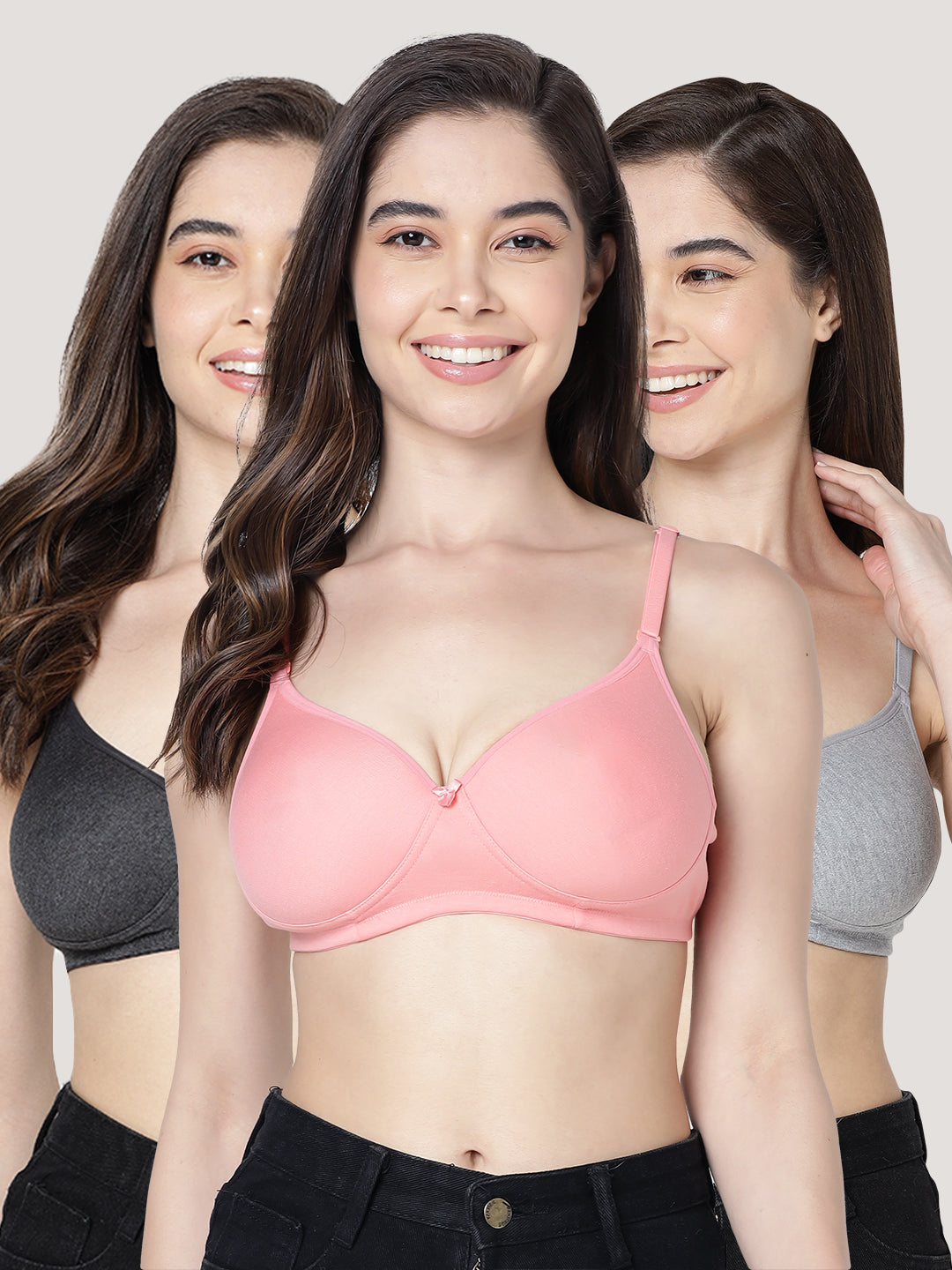 Emily Lightly Padded Multiway Everyday Bra | Pack of 3-M.BLACK ROSE M.GREY