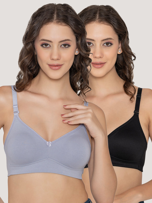 Kalyani Elvira Everyday Support Seamless Non Padded T-Shirt Bras | Pack of 2 | M.BLUE BLACK