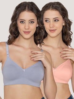 Kalyani Elvira Everyday Support Seamless Non Padded T-Shirt Bras | Pack of 2 | M.BLUE L.PEACH