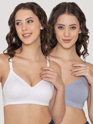 Kalyani Elvira Everyday Support Seamless Non Padded T-Shirt Bras | Pack of 2 | M.BLUE WHITE