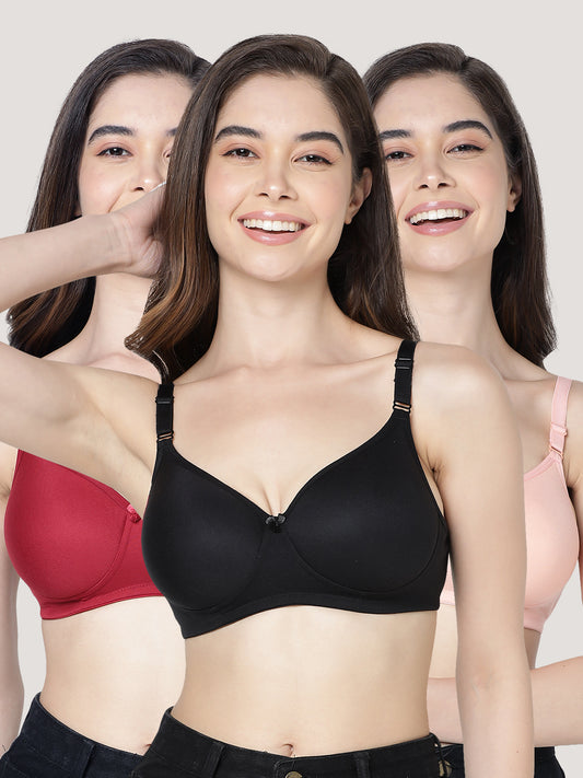 Cherry Full Coverage Lightly Padded Everyday Bra | Pack of 3-MAROON BLACK PEACH