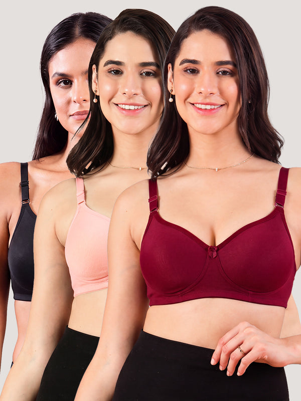Cherry Full Coverage Lightly Padded Everyday Bra | Pack of 3-MAROON BLACK PEACH