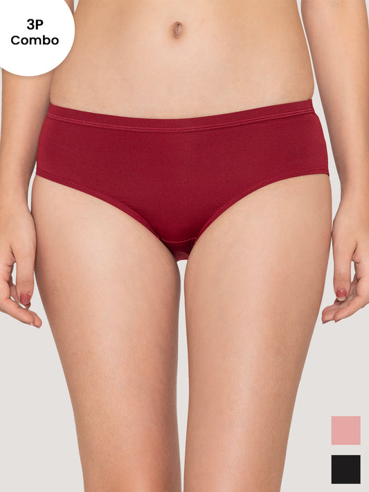 Oliver Mid Waist Hipster Panties | Pack of 3-MAROON CREPE BLACK