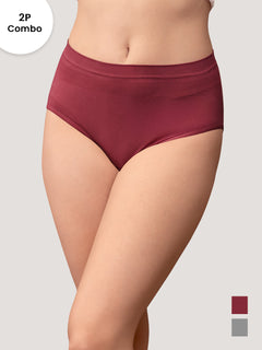 Kavya Women’s High Rise Full Coverage Knitted Hipster Panty with No-Roll Broad Inner Elastic Waistband Pack of 2| MAROON GREY