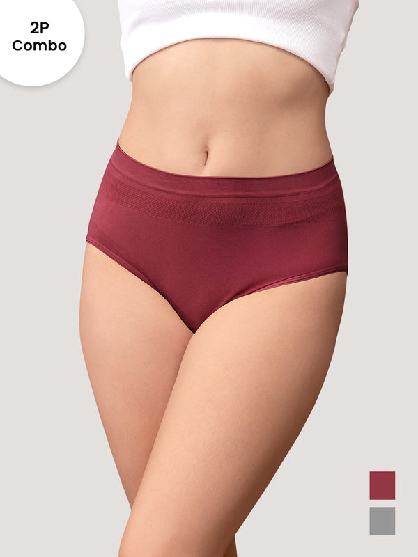 Kavya Women’s High Rise Full Coverage Knitted Hipster Panties | Pack of 2 | MAROON GREY