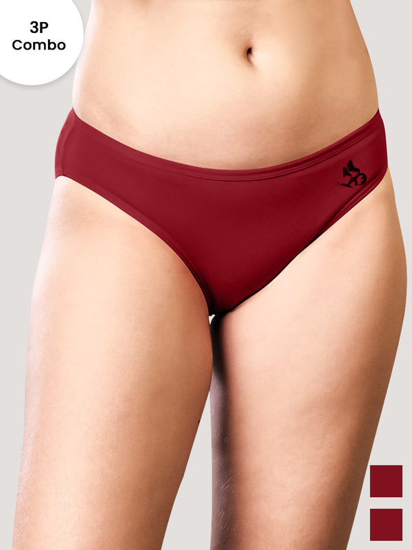 Reeva Seamless Low Waist Bikini Panty | Pack of 3-MAROON MAROON MAROON