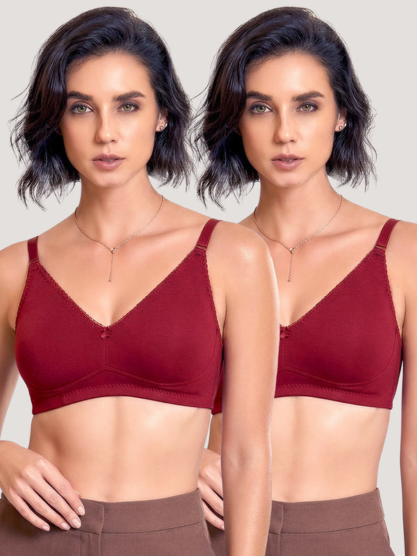 Kalyani's Emma Double Layered Seamless Cups Full Coverage Cotton Bras | Pack of 2 | MAROON MAROON