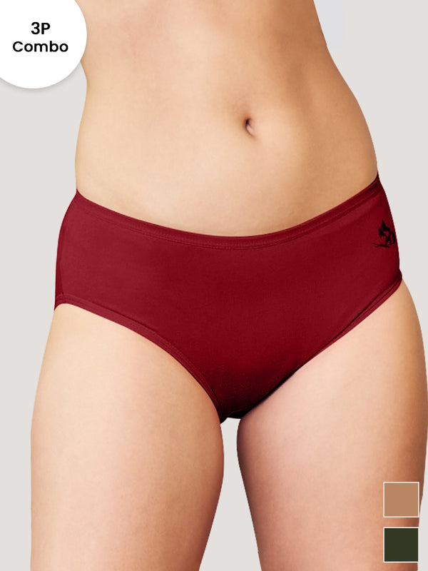 Vami Medium Coverage Panties for Girls | Pack of 3-MAROON NUDE OLIVE